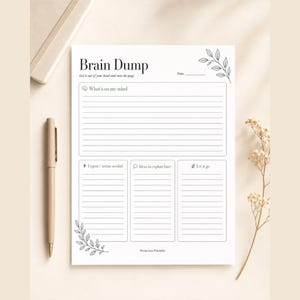 May include: A white paper planner sheet titled Brain Dump with sections for What's on my mind, Urgent / action needed, Ideas to explore later, and Let it go. The layout features black text, lined writing areas, and delicate botanical leaf illustrations.