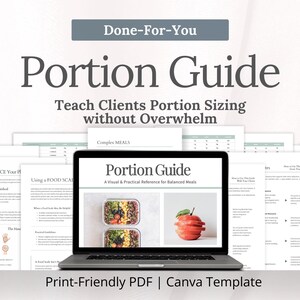 Könnte beinhalten: Ein Laptop zeigt einen "Portionsleitfaden" mit visuellen Referenzen für ausgewogene Mahlzeiten, einschließlich portionierter Mahlzeiten und eines geschnittenen Apfels. Gedruckte Seiten mit Text und Diagrammen umgeben den Laptop. Der Text lautet "Lehren Sie Kunden die Portionsgröße ohne Überforderung".
