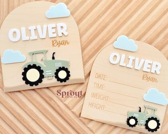 Plaque de faire-part de naissance de tracteur - Nom de bébé - Panneau de statistiques de naissance - Déco ferme de chambre d'enfant - Nouveau souvenir de bébé - Cadeau personnalisé pour bébé