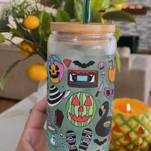 Summerween Glass Cup with Bamboo Lid & Straw| Summerween| Glass Cup| Spooky Cute Halloween