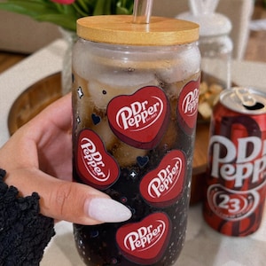 Girly Dr Pepper Glass Cup with Pink Straw & Bamboo Lid | Cute 16oz Iced Coffee Tumbler | UV DTF Glass Can | Soda Lover Gift