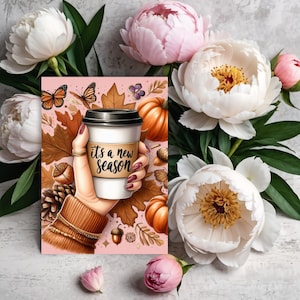 C'est une carte de voeux d'automne pour la nouvelle saison, carte de café d'automne imprimable, téléchargement numérique, carte de citrouille confortable, impression d'automne