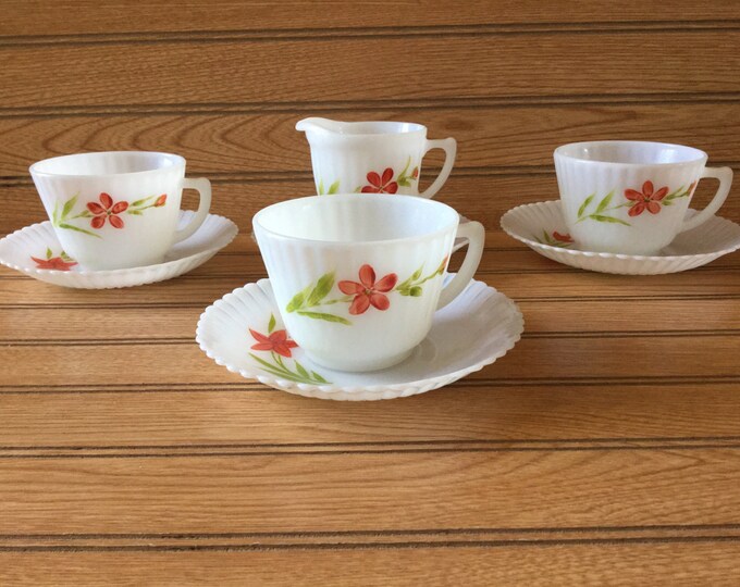 Vintage Milk Glass Cup Saucer Creamer Set Flowers Made in USA Etsy