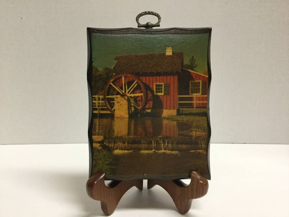 Vintage Decoupage Wood Plaque Red Barn with Water Wheel Decoupage Wood Picture Barn Wall Hanging Wall Decor