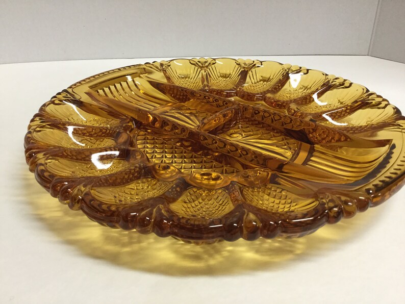 Vintage Amber Glass Relish Tray Deviled Egg Tray Vegetable Glass Dish