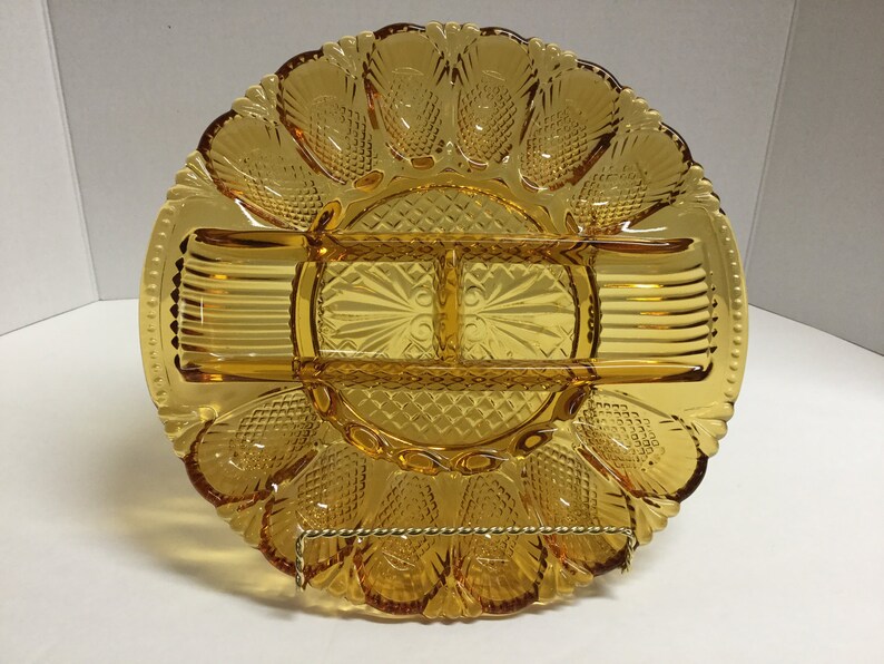 Vintage Amber Glass Relish Tray Deviled Egg Tray Vegetable Glass Dish