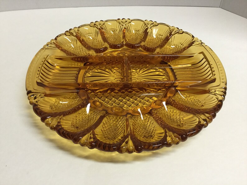 Vintage Amber Glass Relish Tray Deviled Egg Tray Vegetable Glass Dish