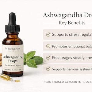 May include: A brown glass bottle of "Ashwagandha Drops" with a black dropper, next to a pile of sticks and green leaves. The label reads "Stress & Mood Support." The image also includes text about key benefits and the product's size, 1 oz (30 ml).