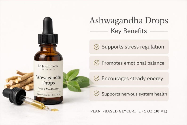 May include: A brown glass bottle of "Ashwagandha Drops" with a black dropper, next to a pile of sticks and green leaves. The label reads "Stress & Mood Support." The image also includes text about key benefits and the product's size, 1 oz (30 ml).