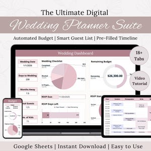 May include: A digital wedding planner suite displayed on a laptop, tablet, and phone. The suite includes an automated budget, smart guest list, and pre-filled timeline. The interface features a dashboard with charts and data, and the text reads "The Ultimate Digital Wedding Planner Suite."