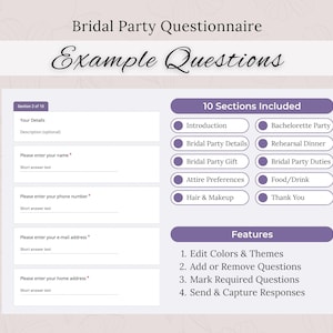 K&ouml;nnte beinhalten: Eine digitale Vorlage f&uuml;r einen Brautparty-Fragebogen mit einem sanften Lila- und Wei&szlig;-Farbschema. Das Formular enth&auml;lt Abschnitte f&uuml;r Details, Kontaktinformationen und verschiedene Brautpartythemen. Zu den Funktionen geh&ouml;ren das Bearbeiten von Farben und das Erfassen von Antworten.