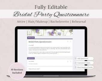 Bridal Party Questionnaire Google Form, Editable Bridesmaid Survey Template, Wedding Planning Form, Instant Access, Digital Download Tool