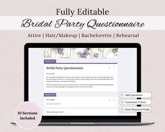 Bridal Party Questionnaire Google Form, Editable Bridesmaid Survey Template, Wedding Planning Form, Instant Access, Digital Download Tool