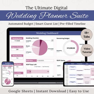 May include: A digital wedding planner suite displayed on a laptop, tablet, and phone. The suite includes an automated budget, smart guest list, and pre-filled timeline. The interface shows a wedding dashboard with charts and data, including RSVP status and a wedding checklist. Text on the screen reads "The Ultimate Digital Wedding Planner Suite."