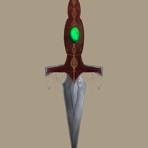 May include: A fantasy dagger with a silver blade and a brown handle adorned with gold filigree. A large, glowing green gem is set in the center of the handle. The dagger has a crossguard and decorative hanging chains.