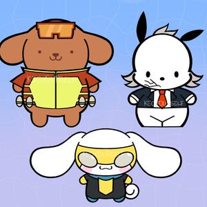 Op de afbeelding: Drie stripfiguren worden getoond tegen een lichtblauwe achtergrond. Het personage linksboven is een bruine hond met een gele en rode outfit. Het personage rechtsboven is een witte hond met een zwart pak en rode stropdas. Het onderste personage is een wit konijn met een gele en zwarte outfit.