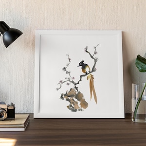 bird tree rock ink painting digital print, Chinese ink painting, home decor, housewarming gift, mothers day gift, traditional oriental art