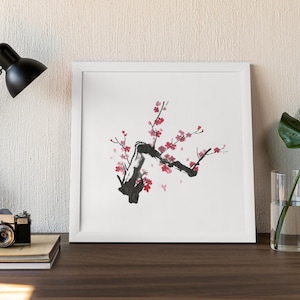 cherry blossom ink painting, digital print painting, pink and red flower