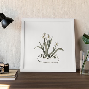 Påskliljaknopp, digitaltryck, bläckmålning, rispappersmålning