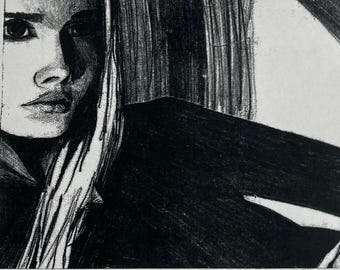 2.26.1#5 - Monotipo - Blanco y negro - Retrato - Mujer reclinada - Dibujo - Arte original - Hecho a mano - Sin marco - Impresión de bellas artes - en papel