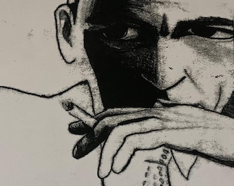 2.5.1#1 - Monotipo - Blanco y negro - Retrato - Hombre fumando con corbata - Dibujo - Arte original - Moderno - Sin marco - Impresión artística - en papel