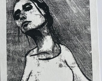 2.1.1#3 - "Rain Girl" - Monotipo - Blanco y negro - Retrato - Dibujo - Arte único - Moderno - Sin marco - Impresión artística - en papel - Hecho a mano