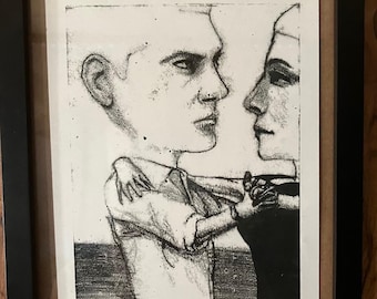 4.9.1#1 - Monotipo - Blanco y negro - Retrato - Dibujo - Hecho a mano - Moderno - Sin marco - Impresión artística - en papel - Pareja bailando