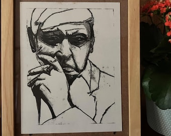 1.30.1#4 - Monotipo - Blanco y negro - Retrato - Hombre con cigarro - Dibujo - Arte único - Moderno - Sin marco - Impresión de bellas artes - en papel