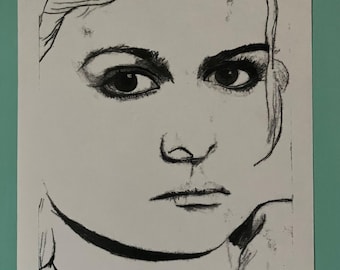 2.15.1#7 - Monotipo - Blanco y negro - Retrato - Mujer ojos oscuros - Dibujo - Arte original - Moderno - Sin marco - Impresión de bellas artes - en papel