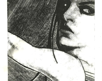 3.3.1#2 - Monotipo - Blanco y negro - Retrato - Dibujo - Arte original - Moderno - Sin marco - Impresión de bellas artes - en papel - Mujer con top a rayas