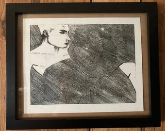 2.7.1#1 - Monotipo - Blanco y negro - Retrato - Niña reclinada - Dibujo - Arte original - Moderno - Sin marco - Impresión de bellas artes - en papel