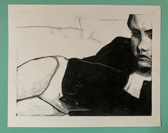2.20.1#7 - Monotipo - Blanco y negro - Retrato - Dibujo - Arte original - Moderno - Sin marco - Impresión artística - sobre papel - "Christina" - Hecho a mano