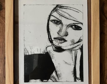 3.29.1#5 - Monotipo - Blanco y negro - Retrato - Dibujo - Arte original - Moderno - Sin marco - Impresión artística - en papel - Chica con suéter