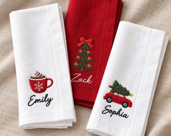 Personalized Christmas Napkins, Embroidered Linen Napkin, Custom Name Holiday Table Decor, Christmas Dinner Gift, Hostess Gift