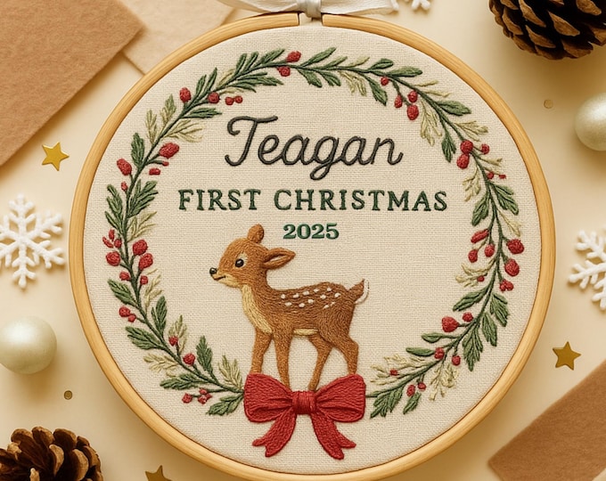 Baby’s First Christmas Embroidery Hoop Ornament, Personalized Embroidered Keepsake, Custom Name Hoop, Newborn Christmas Gift, Baby Ornament