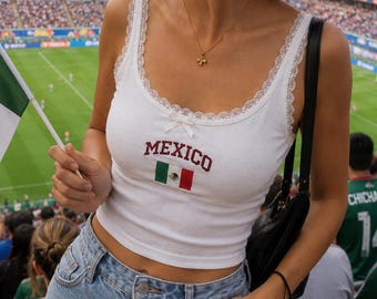 Embroidered Mexico Flag Lace Trim Tank Top, Soccer Fan Apparel