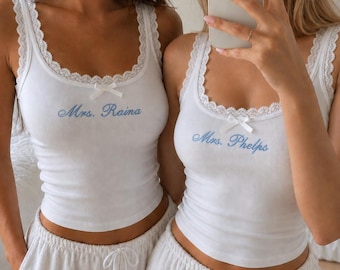 Personalized Embroidered Lace Tank Top, Bridal Party Bachelorette Honeymoon Gift