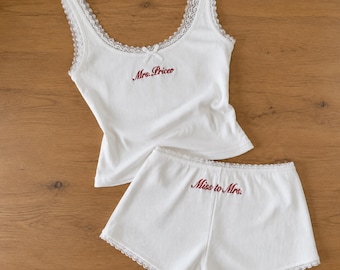 Personalized Embroidered Lace Cami Shorts Set, Custom Bridal Pajamas, Honeymoon Outfit