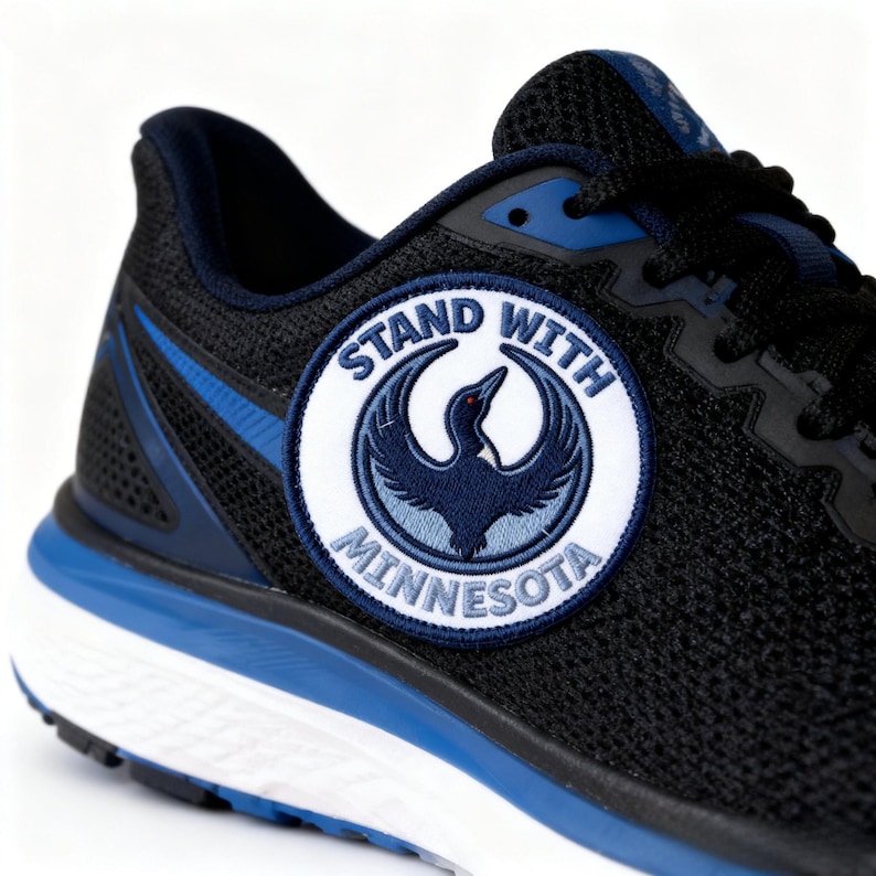 May include: Black and blue athletic shoe with a white sole. A circular patch on the side reads "STAND WITH MINNESOTA" and features a stylized bird emblem. The shoe has blue accents and black laces.