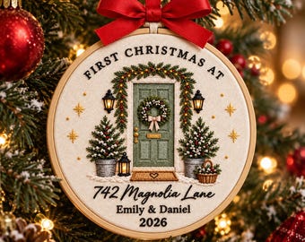 New Home Christmas Ornament, Personalized First Christmas Address Ornament, Custom Embroidered Couple Housewarming Gift Decor
