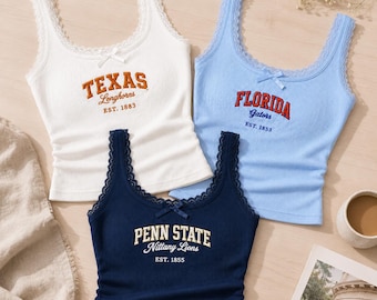 Custom College Embroidered Tank Top, School Spirit Lace Trim Cami