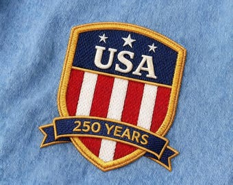 USA 250 Years Embroidered Patch, American Flag Shield Badge