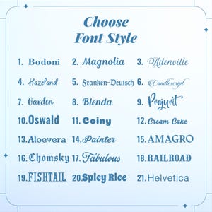 May include: A light blue graphic with the text "Choose Font Style" and a list of 21 font styles, each with a number and name. The fonts include Bodoni, Magnolia, Adenville, Hazeland, and Oswald.