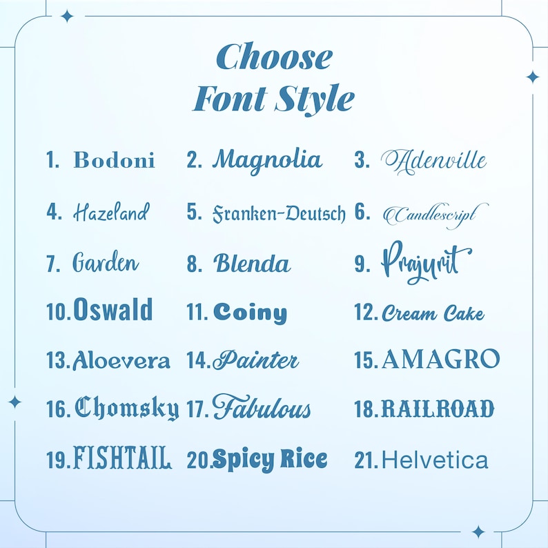 May include: A light blue graphic with the text "Choose Font Style" and a list of 21 font styles, each with a number and name. The fonts include Bodoni, Magnolia, Adenville, Hazeland, and Oswald.
