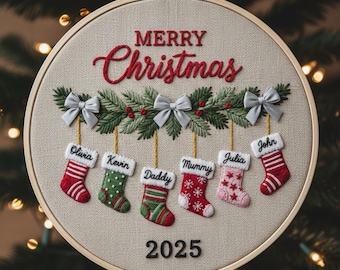 Personalized Family Christmas Embroidery Hoop, Custom Stocking Ornament