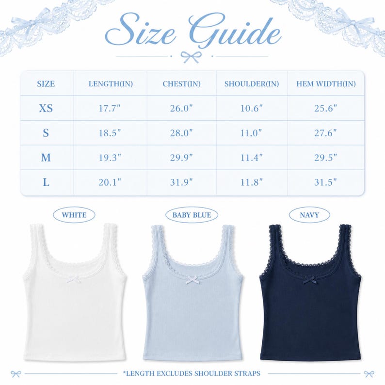 May include: A size guide for a ribbed tank top, with measurements in inches. The guide includes sizes XS to L, with chest measurements ranging from 26.0" to 31.9". Three tank tops are displayed in white, baby blue, and navy, each with a lace trim and a small bow.