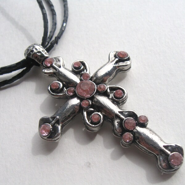 Beautiful Silver Metal and Pink Glass Cross Pendant Necklace 19 - 22 inches