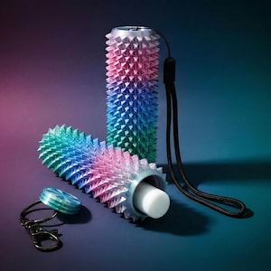 Könnte beinhalten: Drei farbenfrohe, stachelige Massagerollen in Rosa, Blau und Grün. Eine Rolle ist geöffnet und zeigt einen weißen Zylinder. Ein kleiner, passender Schlüsselanhänger und ein schwarzes Schlüsselband sind ebenfalls vorhanden.