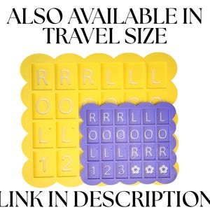 May include: Two letter tile sets, one yellow and one purple, with the text "ALSO AVAILABLE IN TRAVEL SIZE" and "LINK IN DESCRIPTION". The yellow set has the letters R, O, and L, and the numbers 1 and 2. The purple set has the letters R, O, and L, the numbers 1, 2, and 3, and flower symbols.
