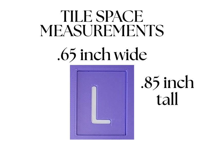 May include: A lavender tile space measurement guide with the letter "L" cut out. The text reads "TILE SPACE MEASUREMENTS .65 inch wide .85 inch tall."